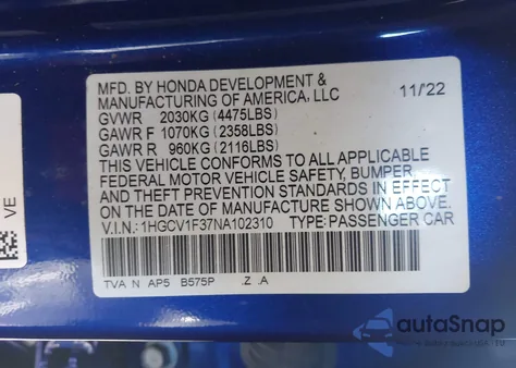 2022 Honda Accord Sport z USA, uszkodzony, nr VIN 1HGCV1F37NA102310